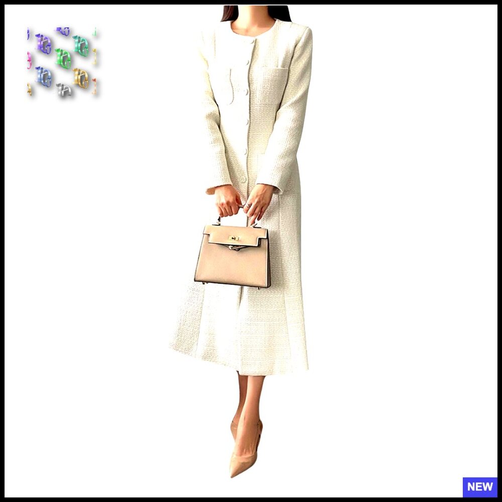 Tweed Blazer Dress Long Sleeve Collarless Elegant Office Professional Slim Fit